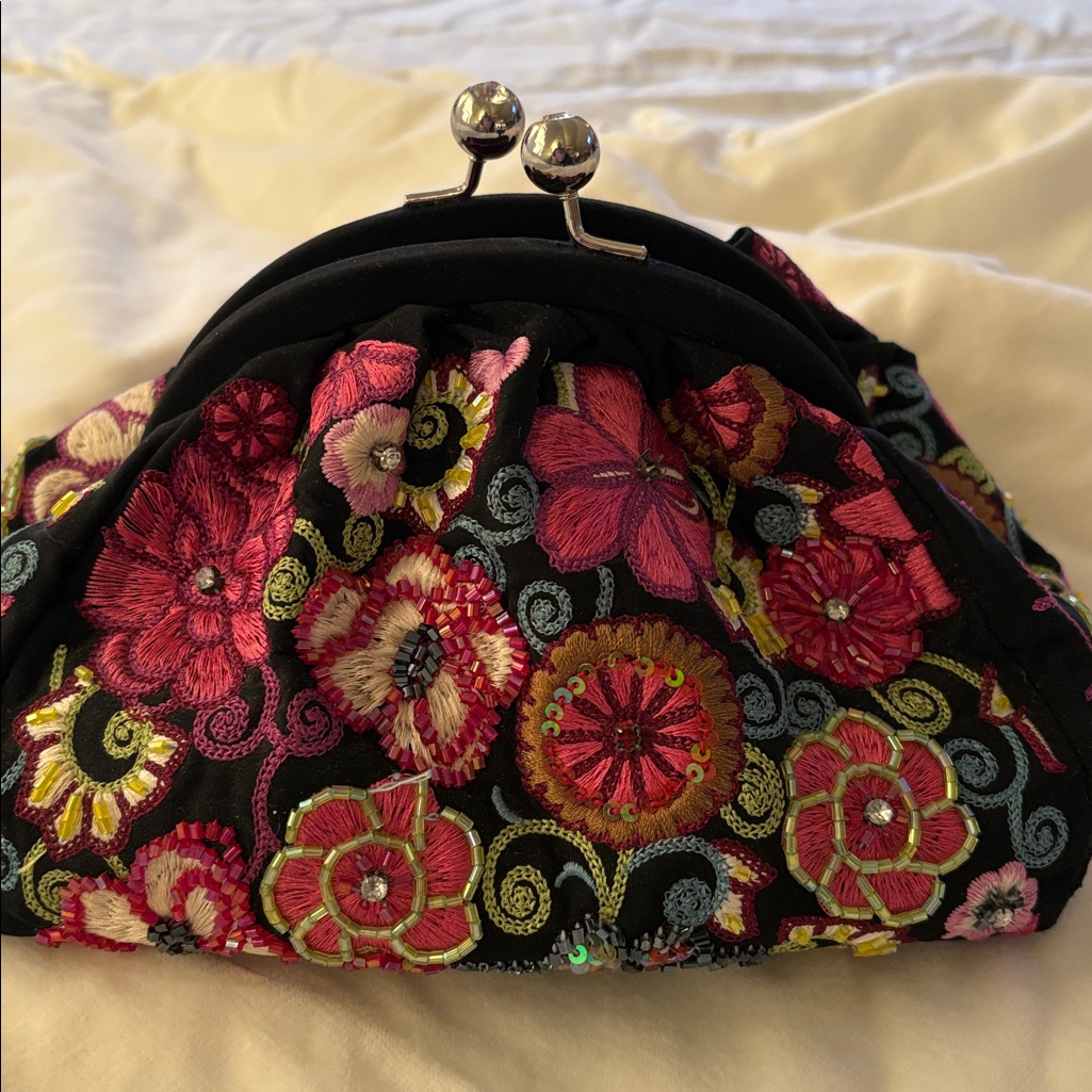 Vintage Vera Bradley Black Clutch With Pink And Green Floral Embroidery